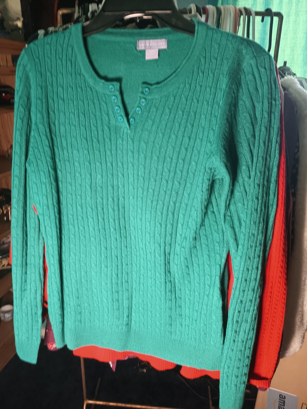 Laura Scott Teal Cable-Knit Henley Sweater